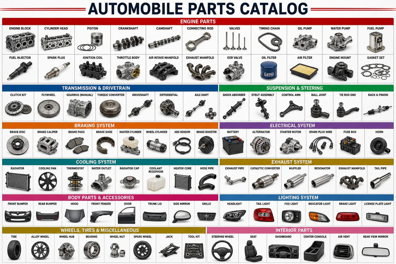 Complete automobile parts catalog organized by vehicle system