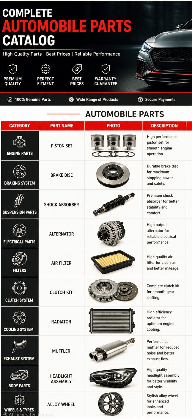 Automobile parts catalog with engine braking suspension and electrical components
